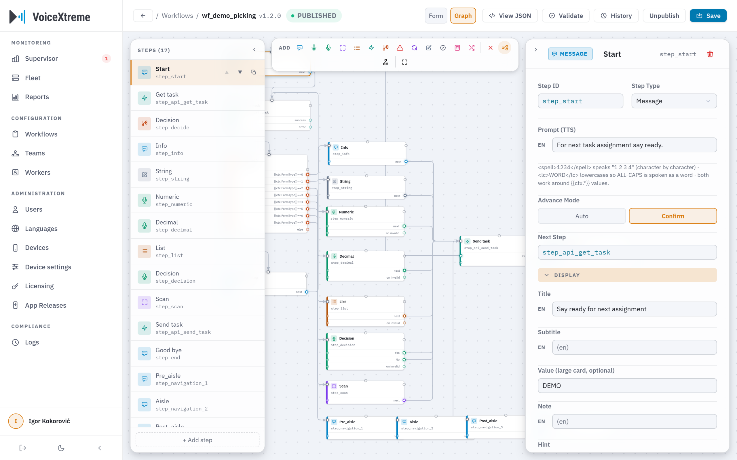 The VoiceXtreme Workflow Designer, with a picking process laid out visually as connected steps
