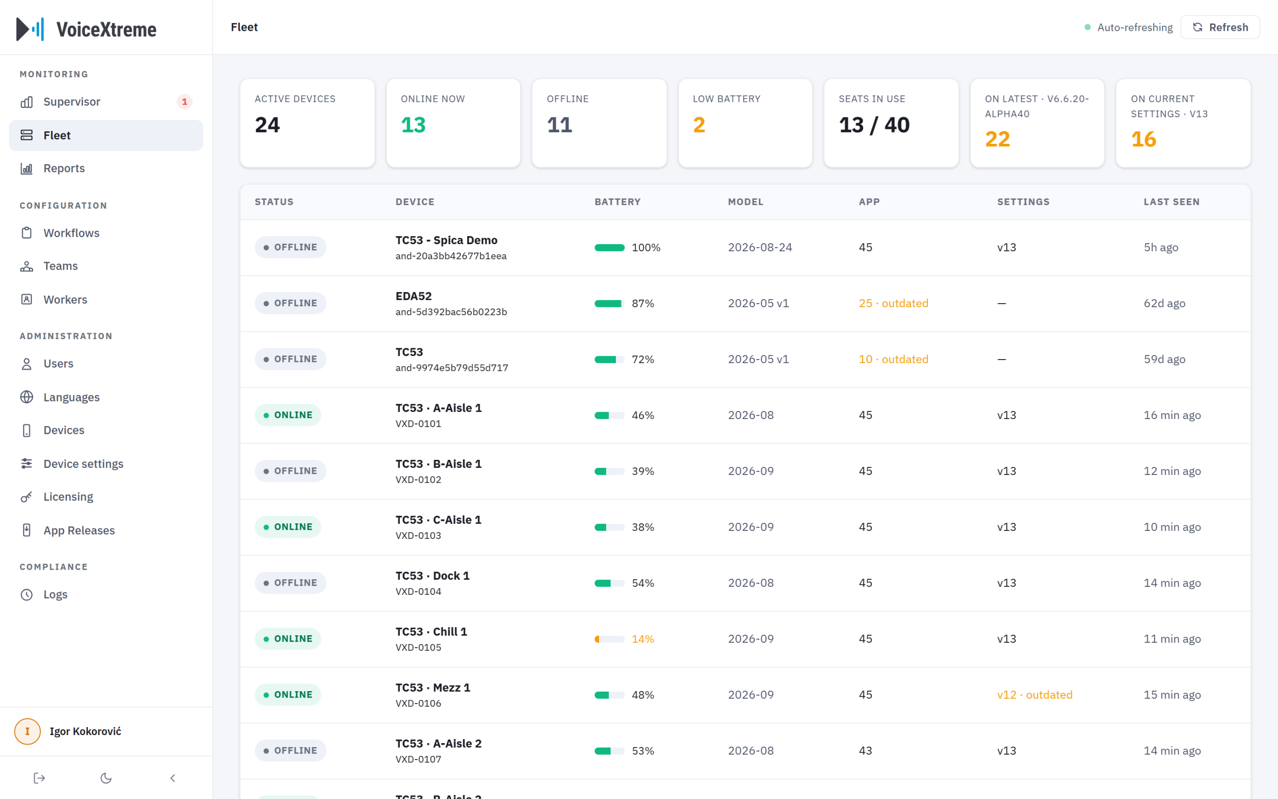 The fleet dashboard: every device's status and battery, and how many concurrent seats are in use