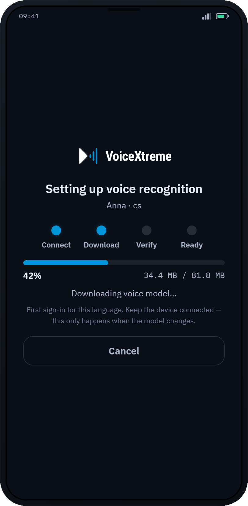 The worker app preparing a voice model for the worker's language at sign-on
